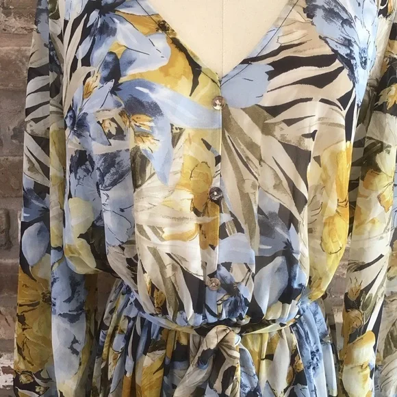 ENFOCUS Women’s Navy Yellow Floral Long Sleeve Chiffon V-neck Maxi Dress 14W - Picture 5 of 8